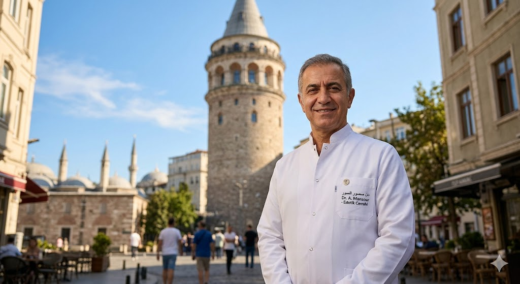 طبيب تجميل خبير يقف أمام برج غالاتا في تركيا، يمثل الجودة والخبرة في تكلفة شفط الدهون مع شد الجلد.