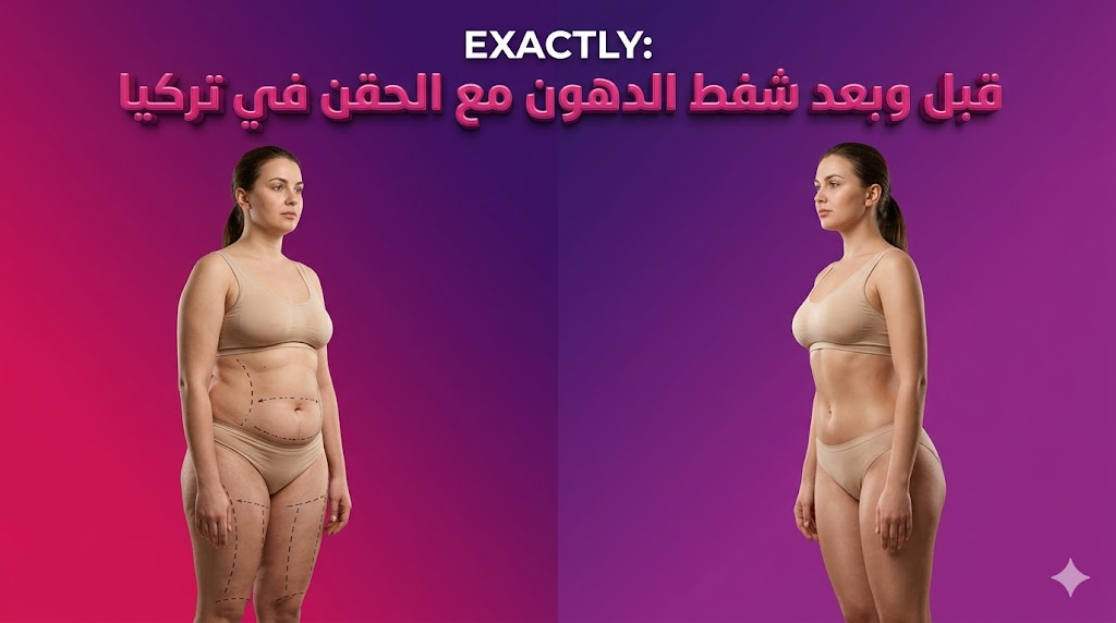 صورة واقعية توضح نتائج قبل وبعد شفط الدهون مع الحقن في تركيا مع علامات جراحية توضيحية وتنسيق القوام المثالي.
