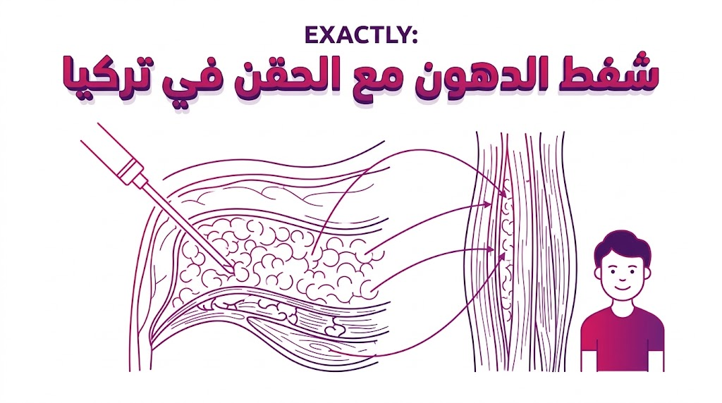 مخطط طبي يوضح الجانب العلمي لعملية شفط الدهون مع الحقن في تركيا وكيفية إعادة توزيع الخلايا الدهنية في الجسم.