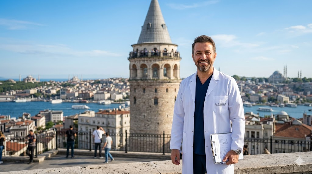 طبيب تجميل خبير يقف أمام برج غالاتا في اسطنبول يمثل خدمات شفط الدهون مع الحقن في تركيا بأعلى مستويات الجودة.