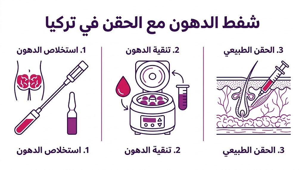 إنفوجرافيك تعليمي مقسم لثلاثة أقسام يشرح خطوات شفط الدهون مع الحقن في تركيا من الاستخلاص حتى الحقن.