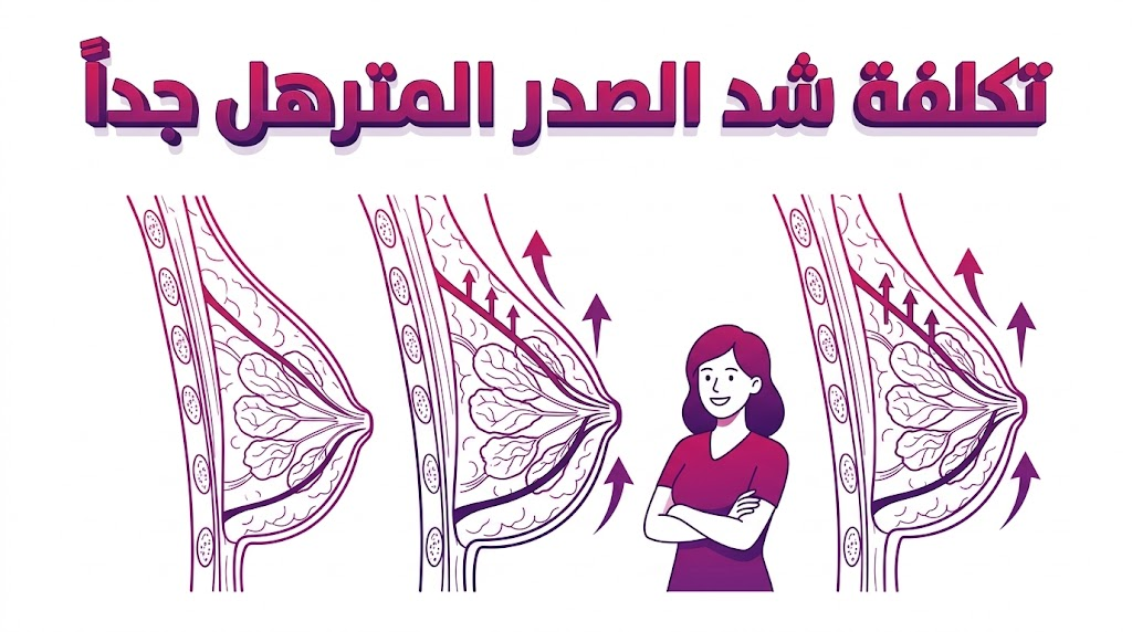 إنفوجرافيك طبي يوضح التشريح الداخلي وتقنيات تكلفة شد الصدر المترهل جداً العلمية.