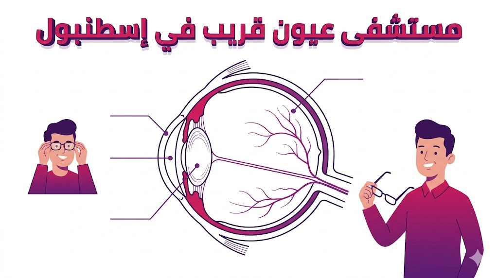  مخطط إنفوجرافيك يشرح تشريح العين والعمليات المتاحة في مستشفى عيون قريب في إسطنبول.