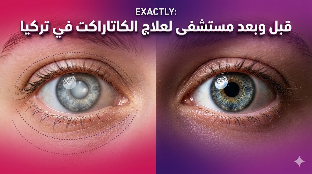  مقارنة قبل وبعد تظهر نتائج جراحة إزالة المياه البيضاء في مستشفى لعلاج الكاتاراكت في تركيا.