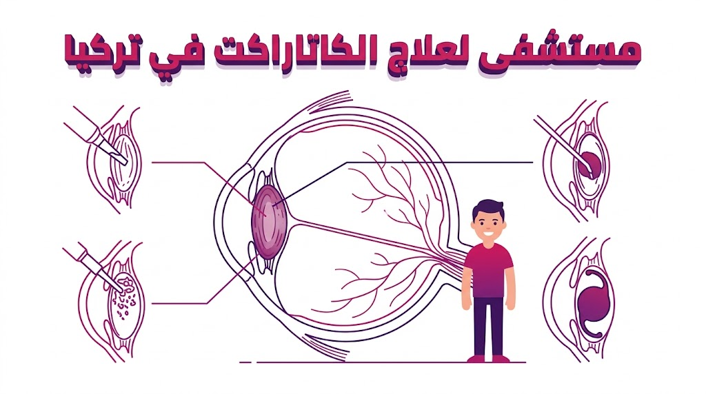 مخطط طبي يوضح تشريح العين وعملية سحب المياه البيضاء في أفضل مستشفى لعلاج الكاتاراكت في تركيا.