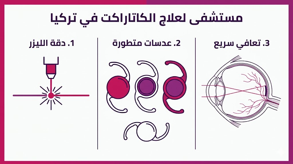 إنفوجرافيك يوضح مميزات العلاج في مستشفى لعلاج الكاتاراكت في تركيا من دقة الليزر والعدسات المتطورة.