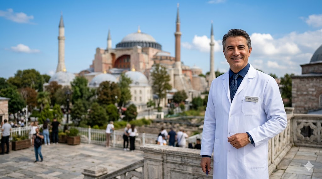  طبيب مختص يقف أمام آيا صوفيا لتمثيل خدمات مستشفى لعلاج الكاتاراكت في تركيا للسياح.