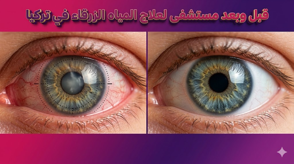  مقارنة قبل وبعد تظهر نجاح العملية وتوضيح النتائج في مستشفى لعلاج المياه الزرقاء في تركيا.