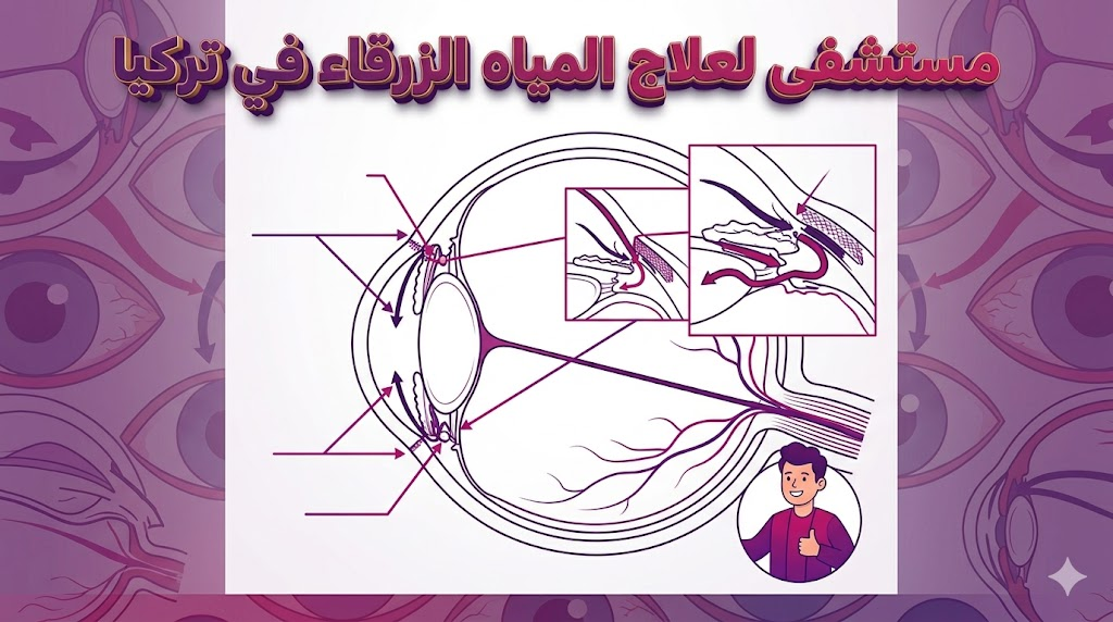 مخطط تشريحي يوضح آلية عمل العين وكيفية تخفيف الضغط داخل مستشفى لعلاج المياه الزرقاء في تركيا.