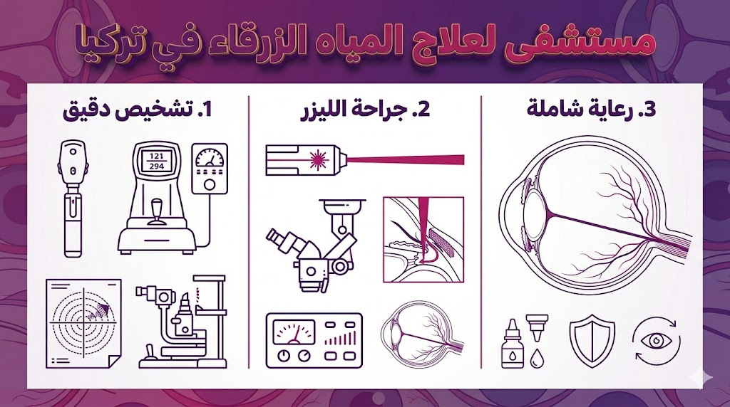 إنفوجرافيك طبي يوضح مراحل العلاج الثلاث داخل مستشفى لعلاج المياه الزرقاء في تركيا.