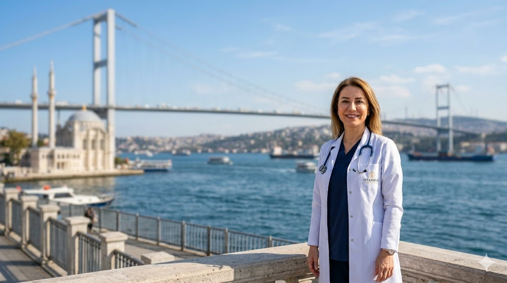  جراح تجميل متخصص في تكلفة شد الصدر المترهل جداً يقف أمام جسر البوسفور في اسطنبول.