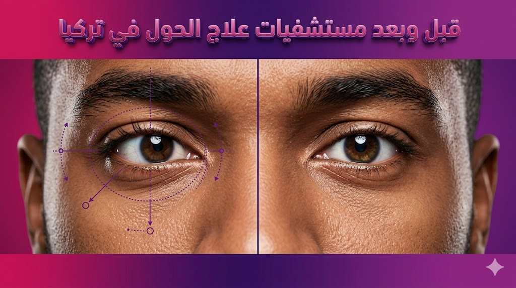 مقارنة قبل وبعد توضح نجاح تصحيح انحراف العين في مستشفيات علاج الحول في تركيا.