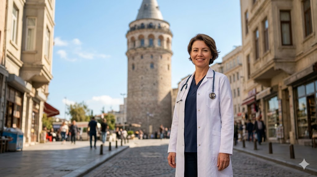 طبيب عيون خبير أمام برج غالاتا يمثل الثقة والجودة في مستشفيات علاج الحول في تركيا.