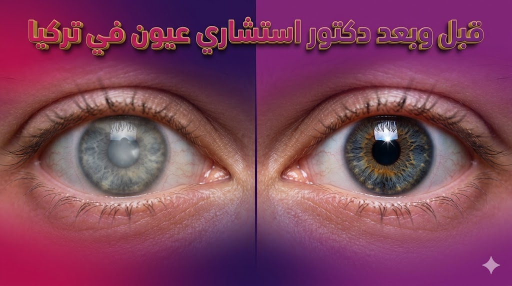 مقارنة قبل وبعد تظهر نتائج جراحة العيون مع دكتور استشاري عيون في تركيا لتحقيق رؤية واضحة.