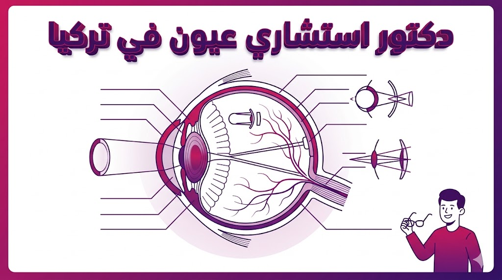 إنفوجرافيك تشريحي يوضح هيكل العين والتقنيات المستخدمة من قبل دكتور استشاري عيون في تركيا.