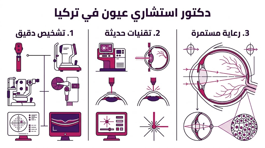 بوستر إنفوجرافيك يوضح مراحل العلاج والرعاية لدى دكتور استشاري عيون في تركيا.