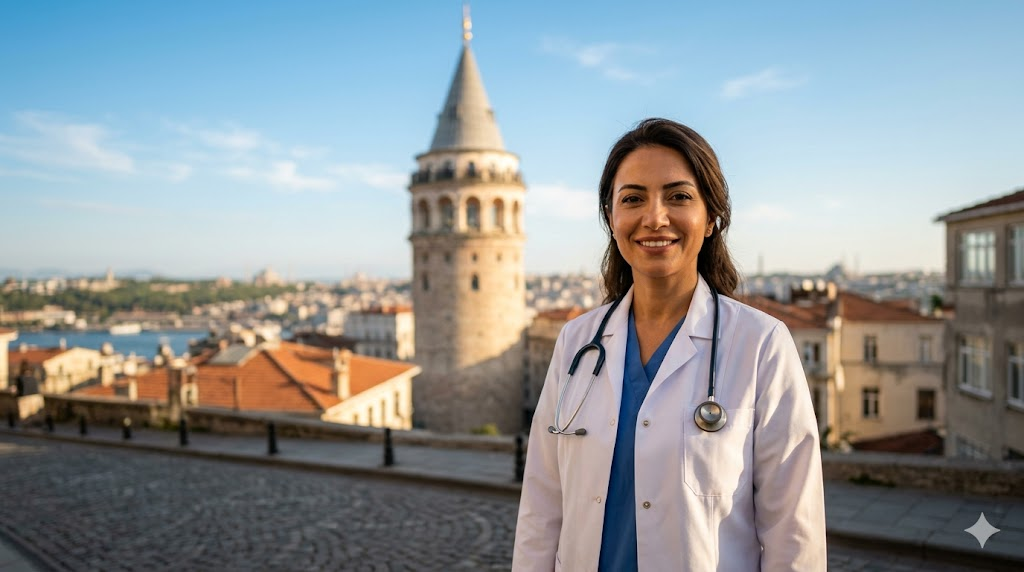 دكتور استشاري عيون في تركيا يقف أمام برج غالاتا في إسطنبول، مما يعكس الثقة والخبرة الطبية.