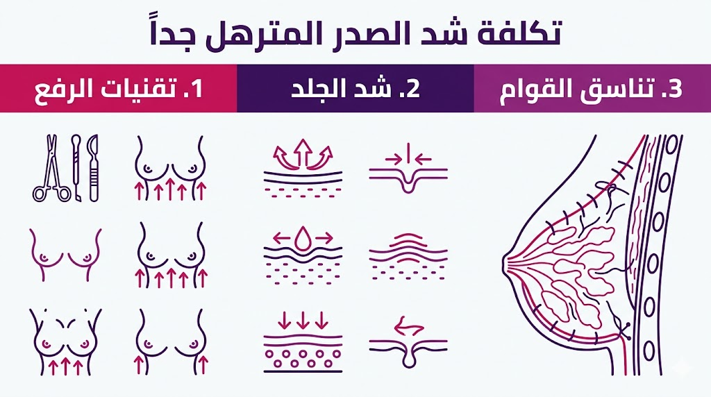 بوستر إنفوجرافيك يوضح مراحل ونتائج تكلفة شد الصدر المترهل جداً بشكل مبسط.