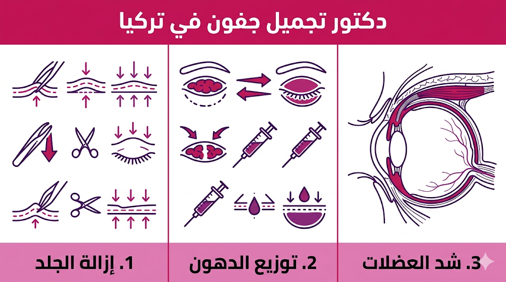  بوستر إنفوجرافيك يوضح خطوات شد الجفون الثلاث مع دكتور تجميل جفون في تركيا.
