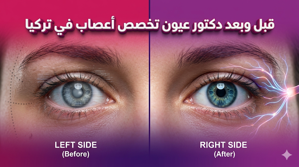 مقارنة قبل وبعد توضح تحسن الرؤية بعد العلاج لدى دكتور عيون تخصص أعصاب في تركيا.