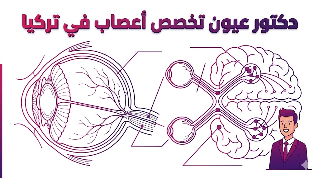  مخطط تشريحي يوضح العصب البصري والارتباط العصبي للعين من إعداد دكتور عيون تخصص أعصاب في تركيا.