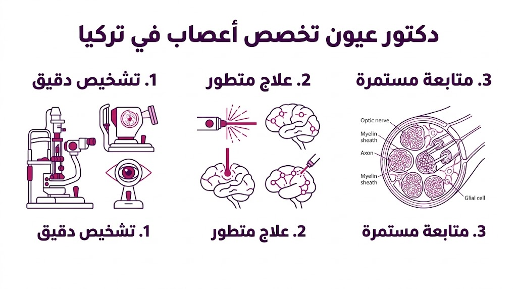  إنفوجرافيك طبي يوضح مراحل العلاج والتشخيص عند اختيار دكتور عيون تخصص أعصاب في تركيا.