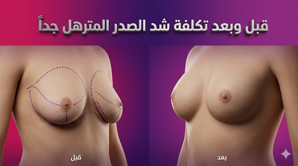 صورة مقارنة "قبل وبعد" توضح نتائج تكلفة شد الصدر المترهل جداً مع علامات جراحية احترافية وخلفية فاخرة.