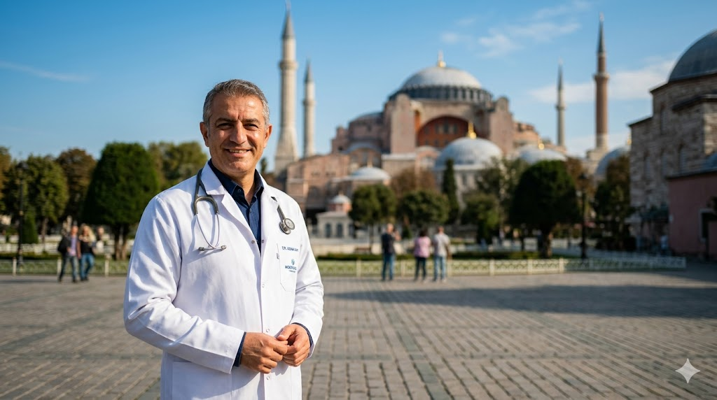  صورة احترافية تظهر دكتور عيون تخصص أعصاب في تركيا مع معلم آيا صوفيا في إسطنبول بالخلفية.