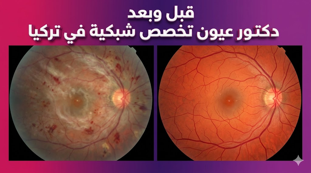 مقارنة قبل وبعد تظهر نجاح علاج الشبكية مع دكتور عيون تخصص شبكية في تركيا من خلال صور قاع العين المجهرية.