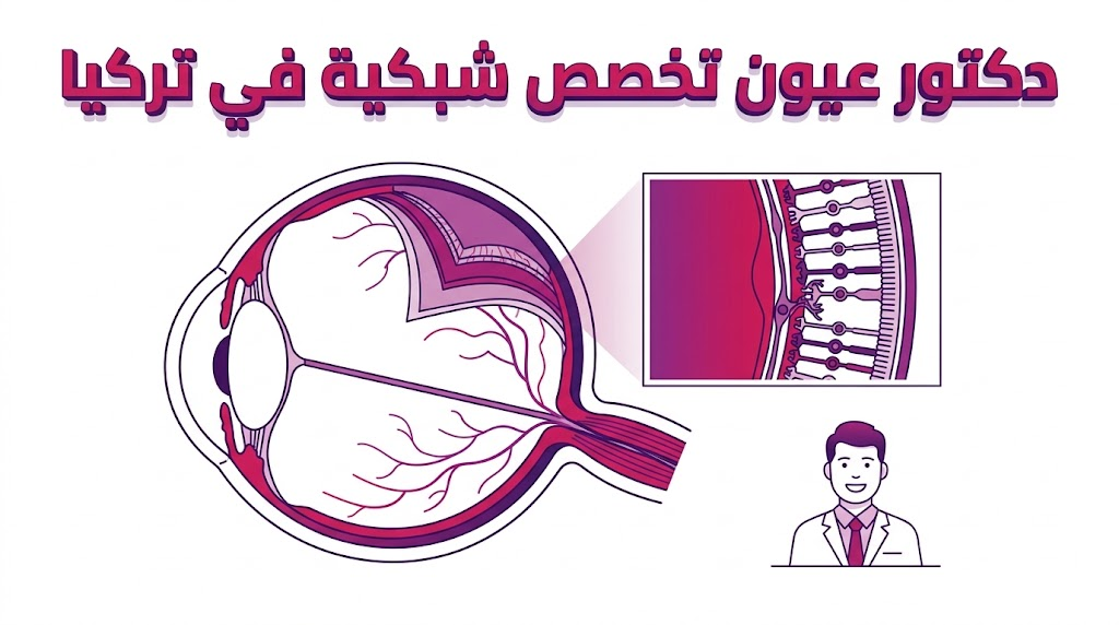 إنفوجرافيك تعليمي يوضح تشريح العين والشبكية بدقة طبية بإشراف دكتور عيون تخصص شبكية في تركيا.