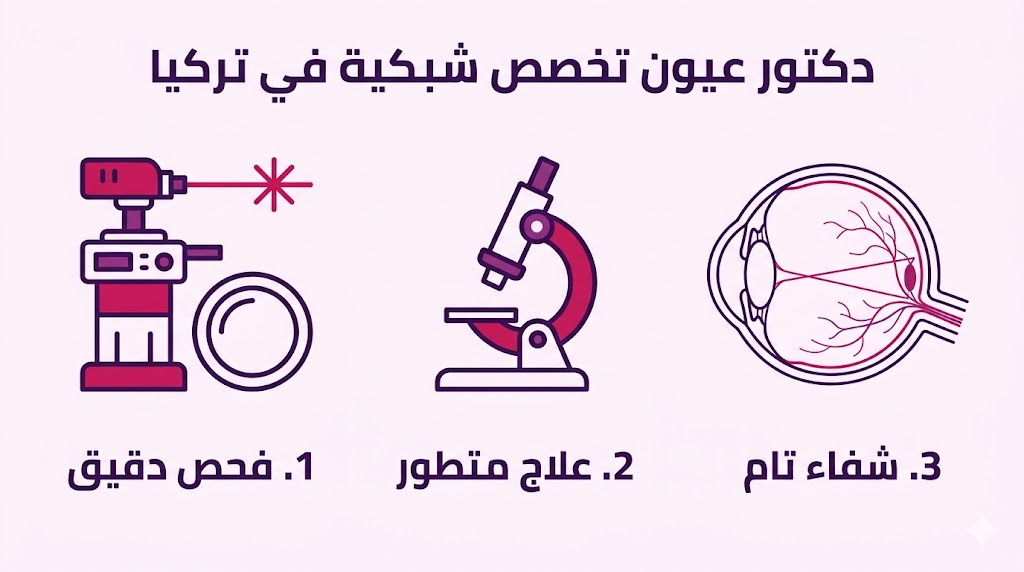 ملصق إنفوجرافيك طبي يوضح مراحل التشخيص والعلاج والشفاء لدى دكتور عيون تخصص شبكية في تركيا.