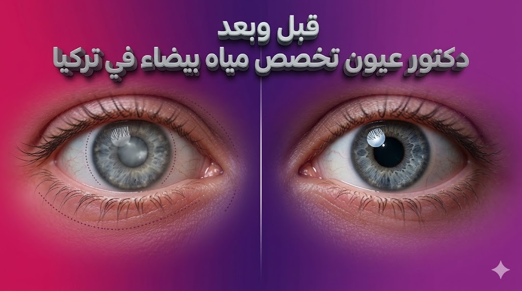 مقارنة قبل وبعد تظهر نجاح دكتور عيون تخصص مياه بيضاء في تركيا في استعادة صفاء العين بعد إزالة العتامة.