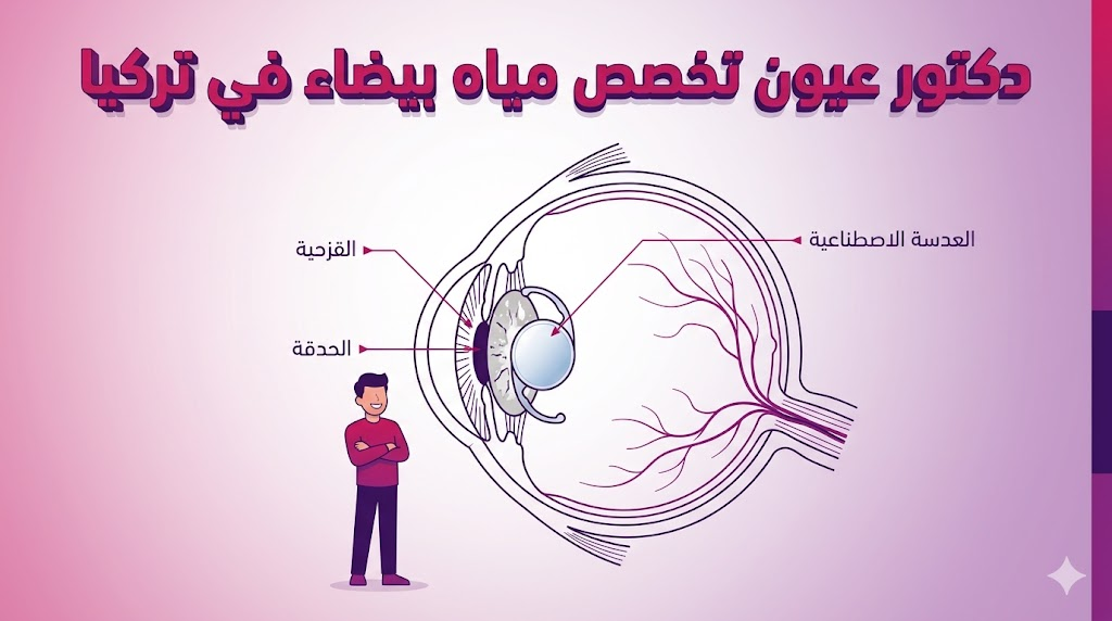 مخطط تشريحي تعليمي يوضح آلية عمل دكتور عيون تخصص مياه بيضاء في تركيا في استبدال العدسة المعتمة.