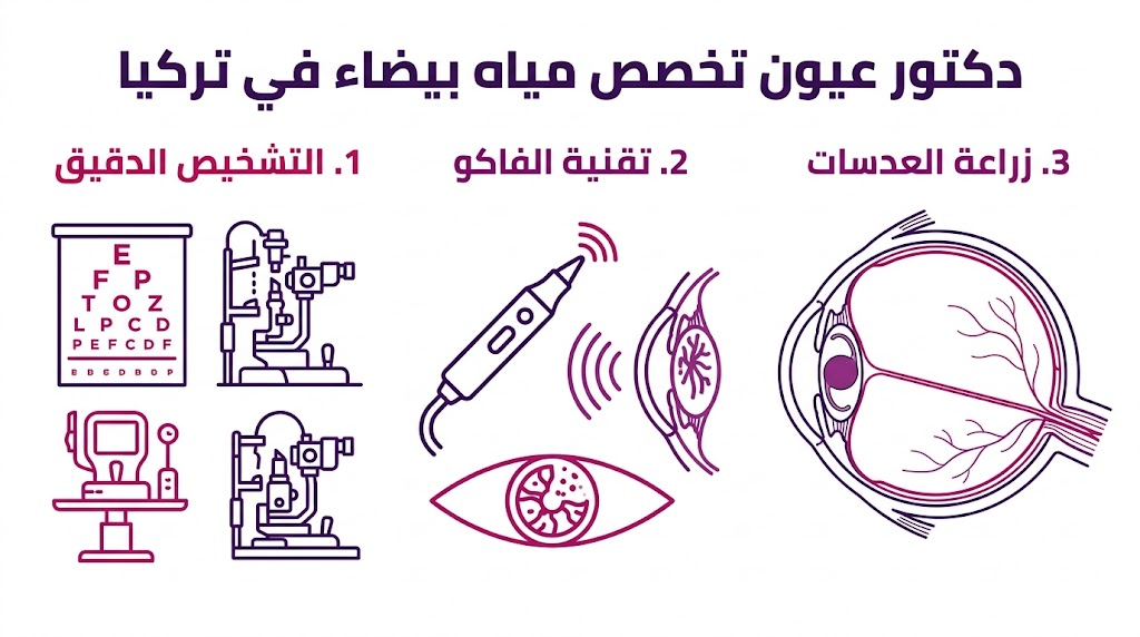 إنفوجرافيك طبي يوضح مراحل العلاج مع دكتور عيون تخصص مياه بيضاء في تركيا من التشخيص إلى زراعة العدسة.