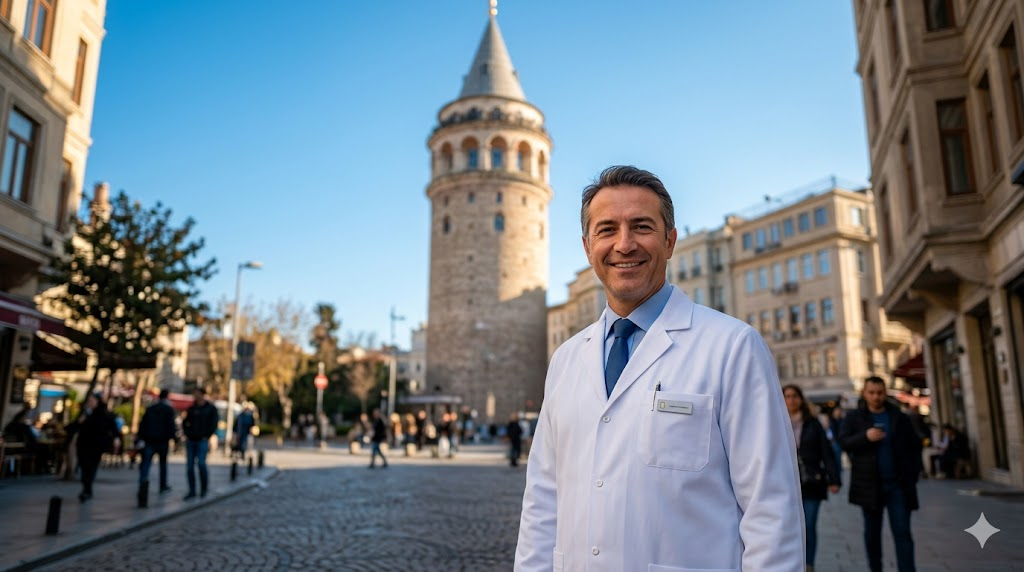 طبيب تجميل مختص في ميزات شفط الدهون مع الحقن يقف أمام برج غالاتا في اسطنبول بتركيا.