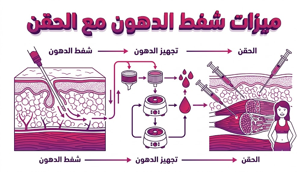 انفوجرافيك طبي يوضح المخطط التشريحي لعملية ميزات شفط الدهون مع الحقن وكيفية إعادة توزيع الدهون في الجسم.