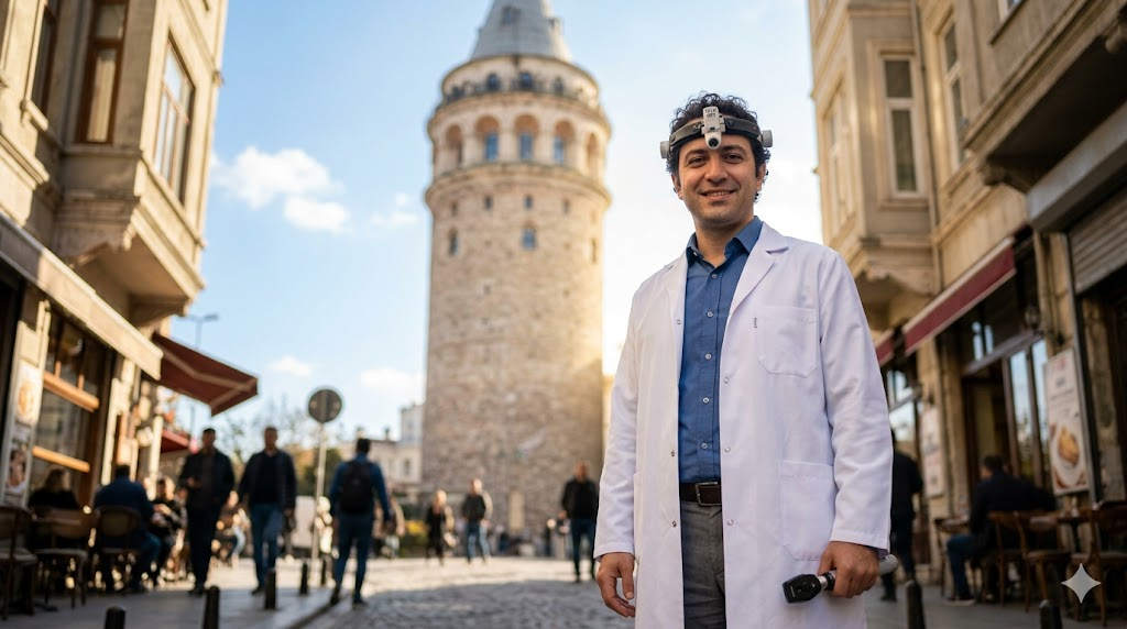  طبيب متخصص يقدم خدمة دكتور عيون زيارة منزلية في تركيا مع خلفية لبرج غالاتا الشهير في اسطنبول.