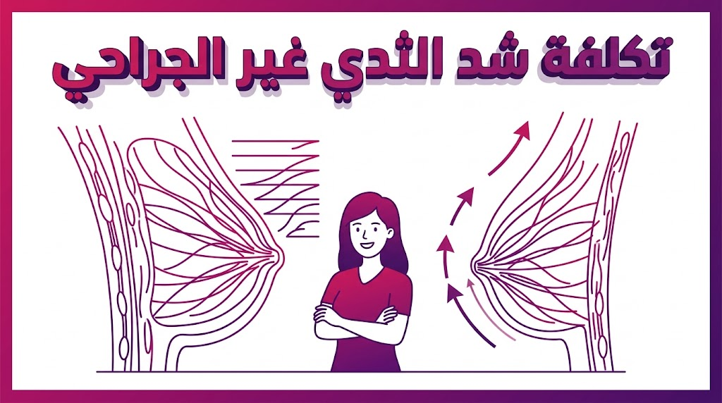 إنفوجرافيك تعليمي يوضح الآلية العلمية لرفع الأنسجة المرتبطة بـ تكلفة شد الثدي غير الجراحي بأسلوب هندسي.