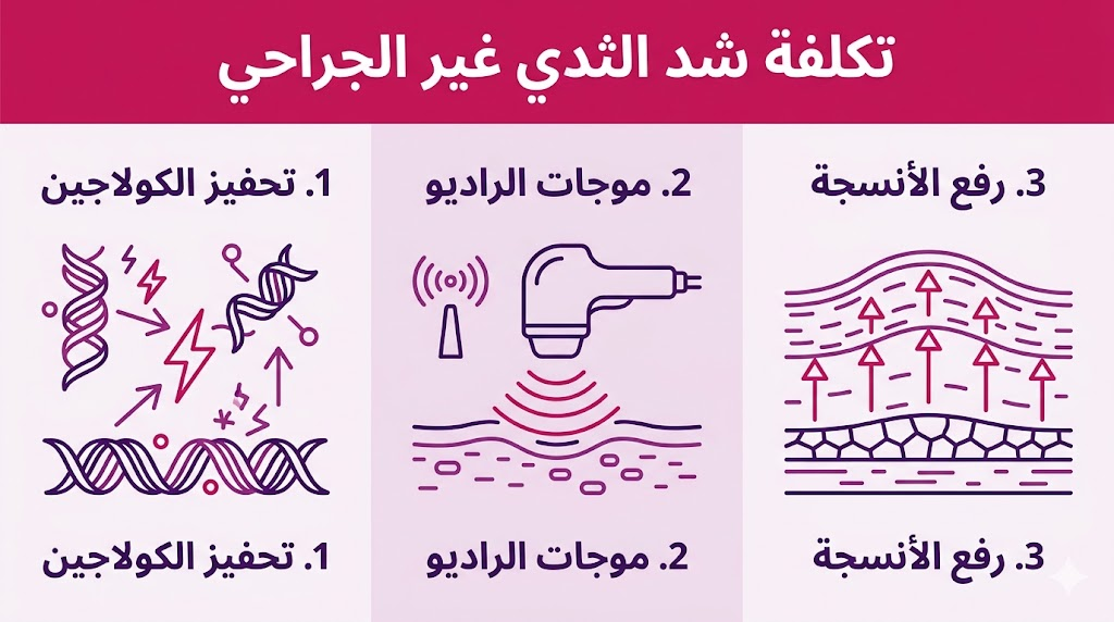  بوستر إنفوجرافيك مقسم لثلاثة أقسام يشرح تقنيات تكلفة شد الثدي غير الجراحي مثل تحفيز الكولاجين وموجات الراديو.