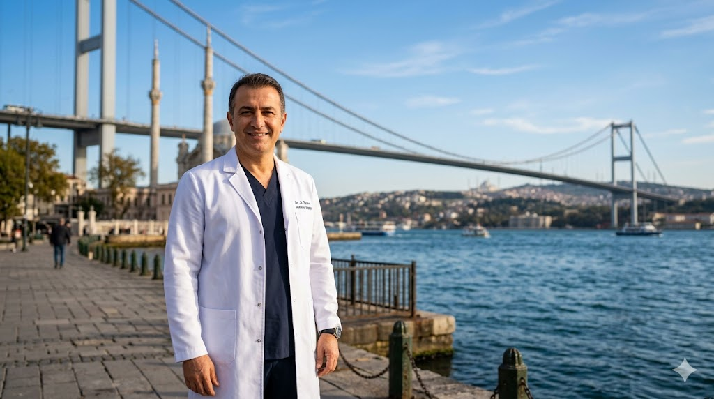 طبيب تجميل خبير أمام جسر البوسفور في اسطنبول يقدم استشارات حول تكلفة شفط الدهون مع الحقن.