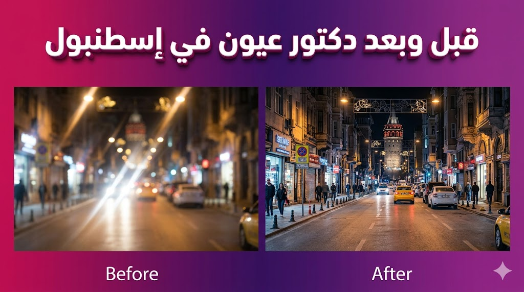 مقارنة قبل وبعد تصحيح النظر توضح الرؤية الضبابية مقابل الرؤية الواضحة مع دكتور عيون في إسطنبول.