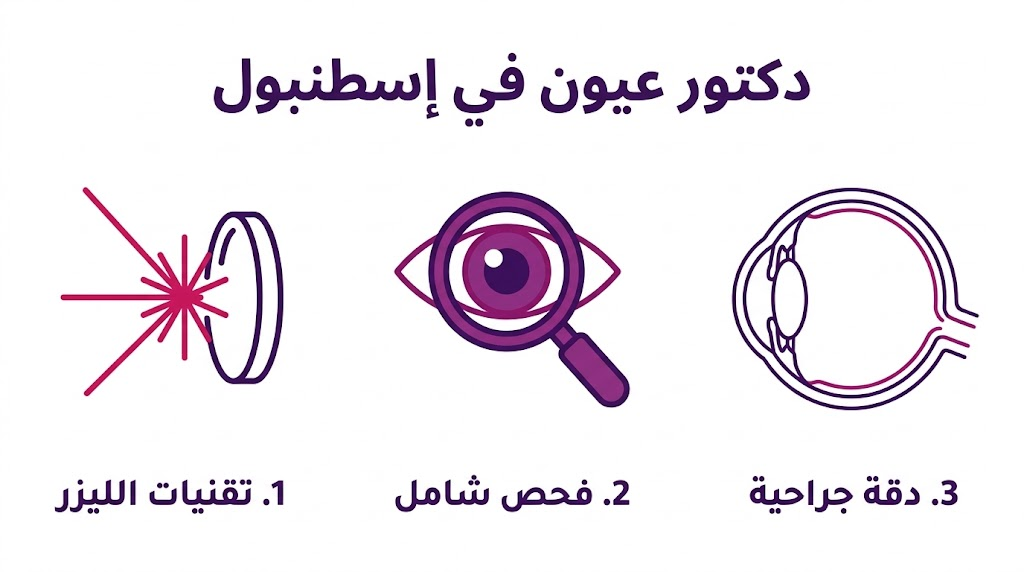 إنفوجرافيك طبي يوضح مراحل علاج العيون وفحوصاتها مع أفضل دكتور عيون في إسطنبول.