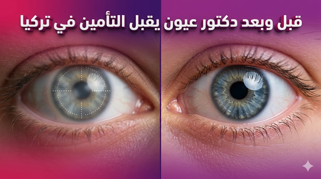  مقارنة قبل وبعد تظهر نتائج العلاج لدى دكتور عيون يقبل التأمين في تركيا مع توضيح تحسن الرؤية وسلامة العين.