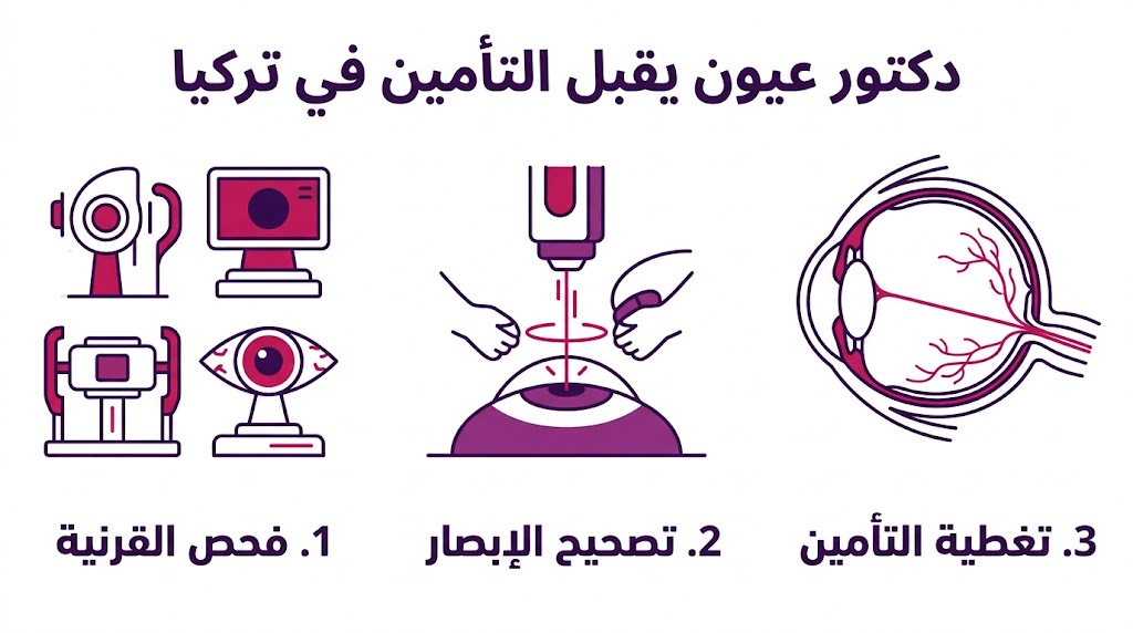  بوستر طبي تعليمي يوضح خدمات دكتور عيون يقبل التأمين في تركيا بما في ذلك فحص القرنية وتصحيح البصر والتأمين.