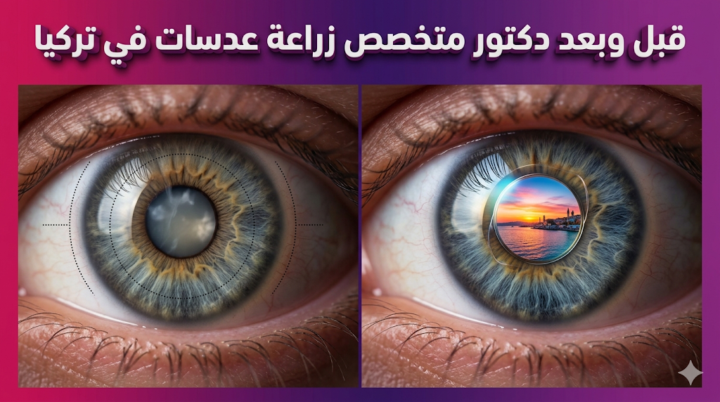 مقارنة قبل وبعد توضح نتائج تصحيح النظر لدى دكتور متخصص زراعة عدسات في تركيا.