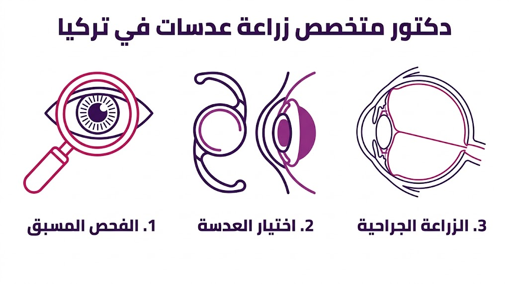  إنفوجرافيك يوضح خطوات العملية الثلاث مع دكتور متخصص زراعة عدسات في تركيا.