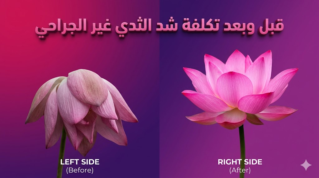  مقارنة رمزية لزهرة اللوتس توضح نتائج ما قبل وبعد تكلفة شد الثدي غير الجراحي مع نص ثلاثي الأبعاد.