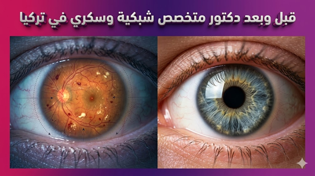  مقارنة قبل وبعد توضح نجاح العلاج لدى دكتور متخصص شبكية وسكري في تركيا مع تحسن واضح في صحة العين.