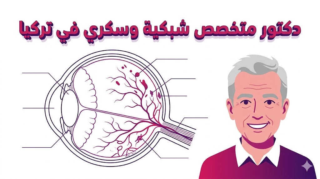  مخطط إنفوجرافيك تشريحي يوضح كيفية تعامل دكتور متخصص شبكية وسكري في تركيا مع مشاكل الشبكية الناتجة عن السكري.