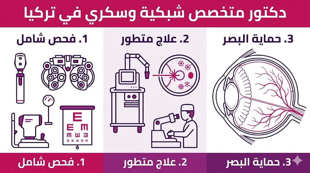  إنفوجرافيك تعليمي يلخص خطوات العلاج لدى دكتور متخصص شبكية وسكري في تركيا.